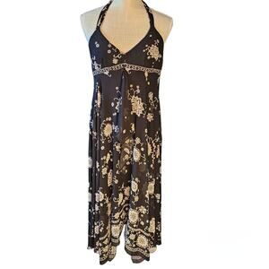 Halter Dress Sz 8 Plaza South Black Floral Assymmetric Cruise Resort Beach